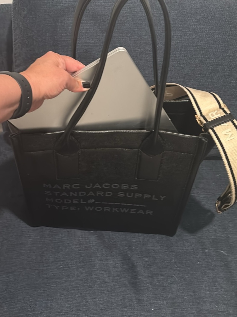 Marc Jacobs Black Leather Tote with  Cream Strap